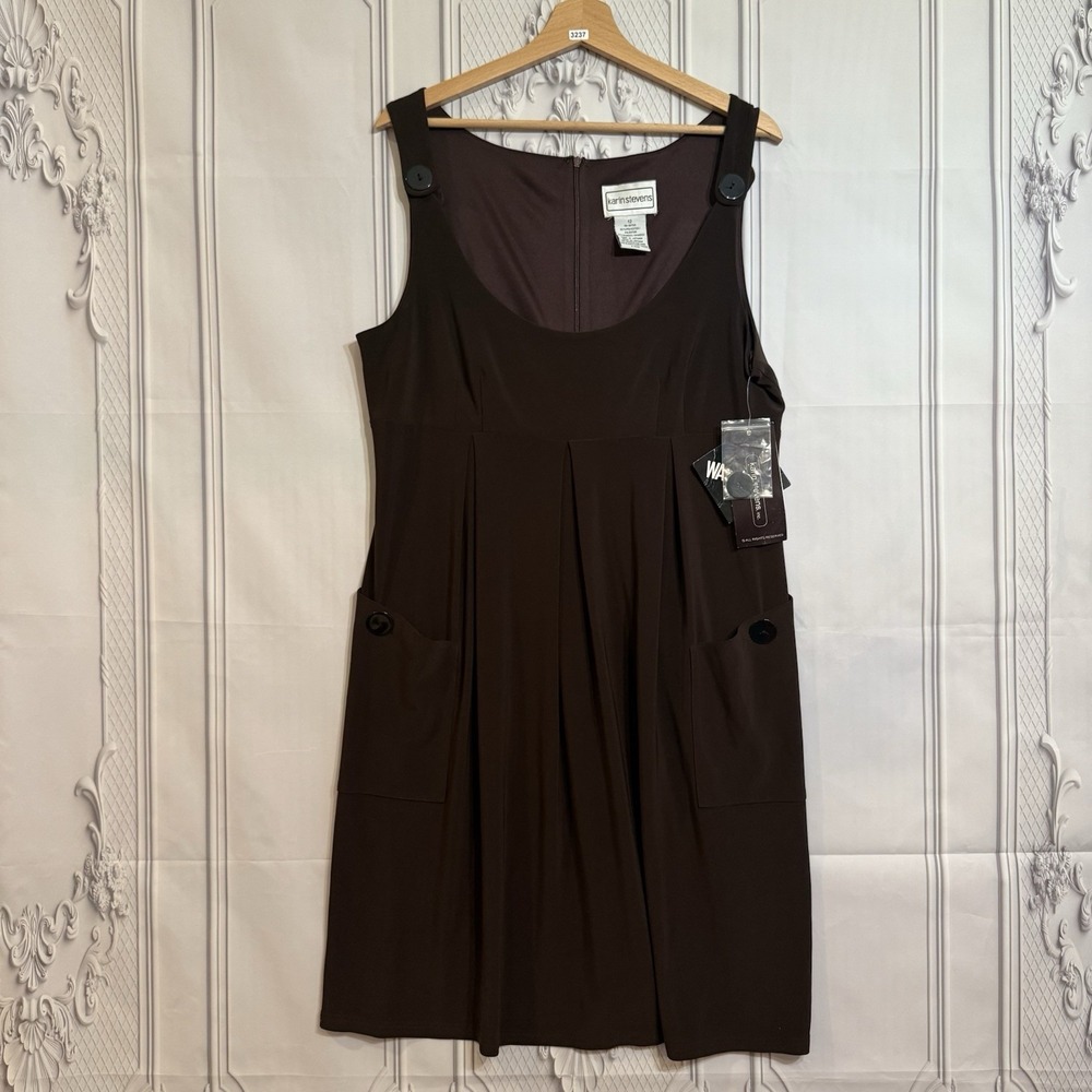 NWT Karin Stevens Brown Sleeveless Dress Size 12 Pockets Stretchy Boho $60